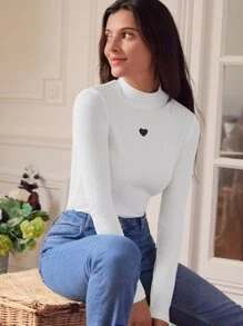 SHEIN Frenchy Áo thun nữ Gân đan Thêu Tim Giải trí - trắng - Xem 2