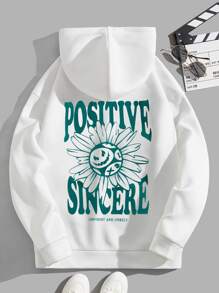 Manfinity VCAY 宽松版型男式卡通及口号图案抽绳保暖连帽衫 - 白色 - 查看 1