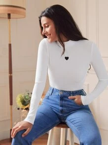 SHEIN Frenchy Áo thun nữ Gân đan Thêu Tim Giải trí - trắng - Xem 5