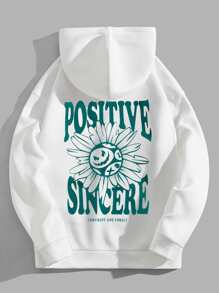 Manfinity VCAY 宽松版型男式卡通及口号图案抽绳保暖连帽衫 - 白色 - 查看 5