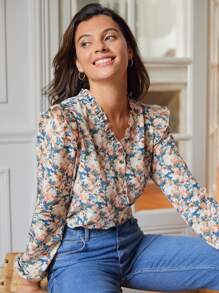 SHEIN Frenchy 滿版印花褶邊襯衫 - 彩色 - 查看 5