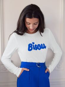 SHEIN Frenchy Round Neck  Jacquard Grain T-Shirt With Letter Towel Embroidery - White - View 1