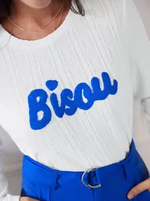 SHEIN Frenchy Round Neck  Jacquard Grain T-Shirt With Letter Towel Embroidery - White - View 2