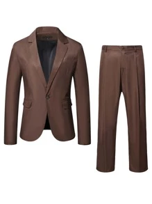 Manfinity Hombres Blazer con botón & Pantalones de traje - Café integral - Ver 3