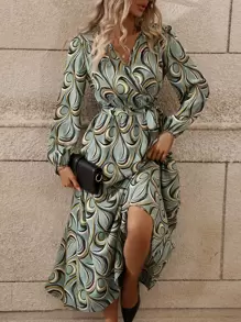 SHEIN Clasi Allover Print Lantern Sleeve Belted Dress - Mint Green - View 1