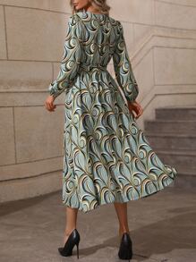 SHEIN Clasi Allover Print Lantern Sleeve Belted Dress - Mint Green - View 2
