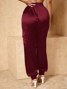SHEIN SXY Pantalones de satén de cintura con cordón - Burdeos - Ver 2