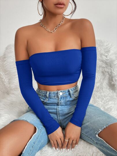 SHEIN PETITE Solid Off Shoulder Crop Off Shoulder Top