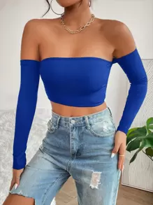 SHEIN PETITE Solid Off Shoulder Crop Off Shoulder Top - Royal Blue - View 5