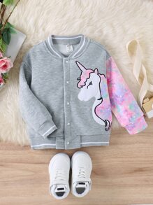 Toddler Girls Unicorn Embroidery Varsity Jacket - Grey - View 1