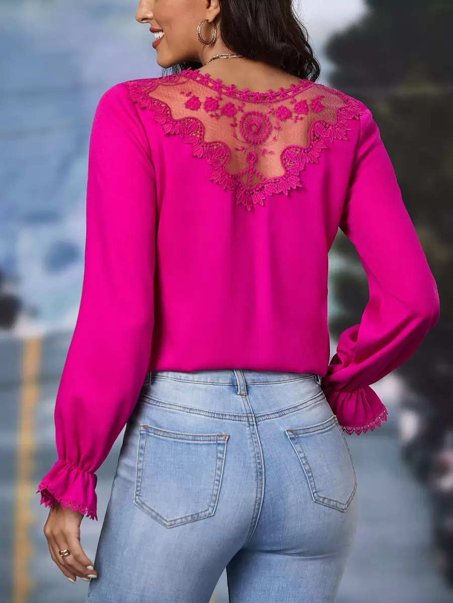 SHEIN Clasi Áo sơ mi nữ Tương phản ren màu trơn Thanh lịch - Màu Hồng Tươi - Xem 1