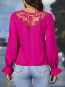 SHEIN Clasi 水溶蕾絲拼接荷葉袖襯衫 - 玫紅色 - 查看 2