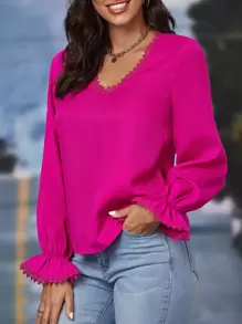 SHEIN Clasi 水溶蕾絲拼接荷葉袖襯衫 - 玫紅色 - 查看 3