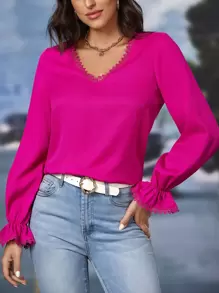 SHEIN Clasi 水溶蕾絲拼接荷葉袖襯衫 - 玫紅色 - 查看 4