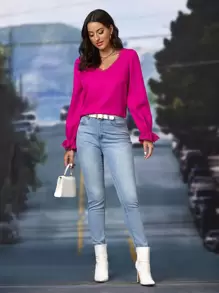 SHEIN Clasi 水溶蕾絲拼接荷葉袖襯衫 - 玫紅色 - 查看 5