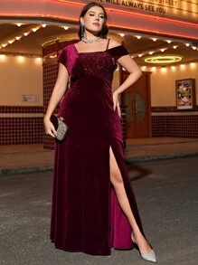 SHEIN Belle Burgundy Red Plus Contrast Sequin Split Thigh Velvet Dress - Burgundy - View 4