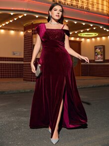 SHEIN Belle Burgundy Red Plus Contrast Sequin Split Thigh Velvet Dress - Burgundy - View 1