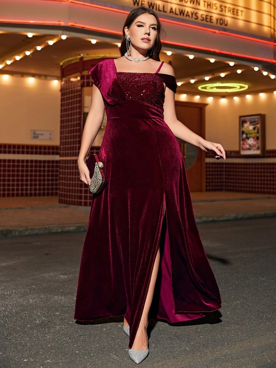 SHEIN Belle Burgundy Red Plus Contrast Sequin Split Thigh Velvet Dress - Burgundy - View 1