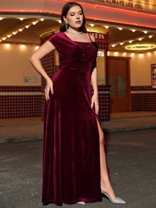 SHEIN Belle Burgundy Red Plus Contrast Sequin Split Thigh Velvet Dress - Burgundy - View 6