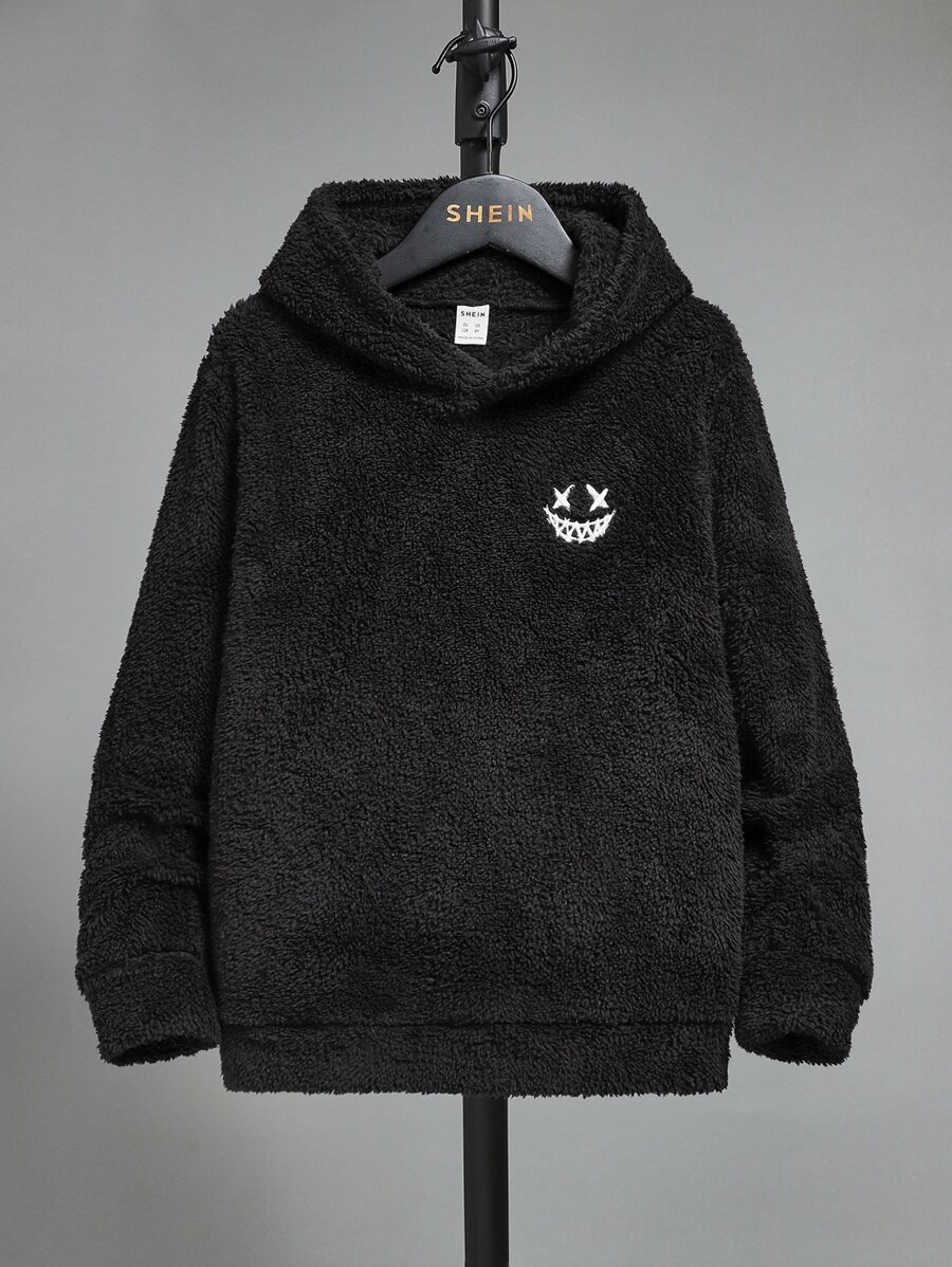 SHEIN 男孩卡通刺繡毛絨帽衫