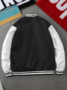 Manfinity Roghcode 宽松男士标语图案条纹饰边棒球夹克 - 黑色 - 查看 2