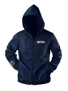 Manfinity Homme Men Long Sleeve Slogan Graphic Zip Up Drawstring Hooded Outdoor Windbreaker Jacket, Fall - Navy Blue - View 1