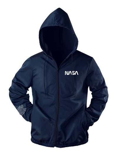 Guys Slogan Graphic Zip Up Drawstring Hooded Jacket