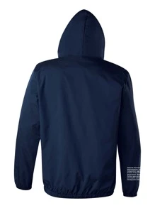 Manfinity Homme Men Long Sleeve Slogan Graphic Zip Up Drawstring Hooded Outdoor Windbreaker Jacket, Fall - Navy Blue - View 2