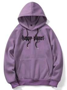 ROMWE MEN Goth 男士口號和老鷹印花袋袋袋袖口連帽保暖恤衫 - 紫色 - 查看 2