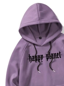 ROMWE MEN Goth 男士口號和老鷹印花袋袋袋袖口連帽保暖恤衫 - 紫色 - 查看 3