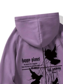 ROMWE MEN Goth 男士口號和老鷹印花袋袋袋袖口連帽保暖恤衫 - 紫色 - 查看 4