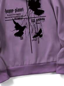 ROMWE MEN Goth 男士口號和老鷹印花袋袋袋袖口連帽保暖恤衫 - 紫色 - 查看 5