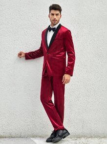 GENTILAND Men Contrast Shawl Collar Velvet Blazer & Trousers Set - Burgundy - View 6