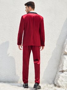 GENTILAND Men Contrast Shawl Collar Velvet Blazer & Trousers Set - Burgundy - View 5