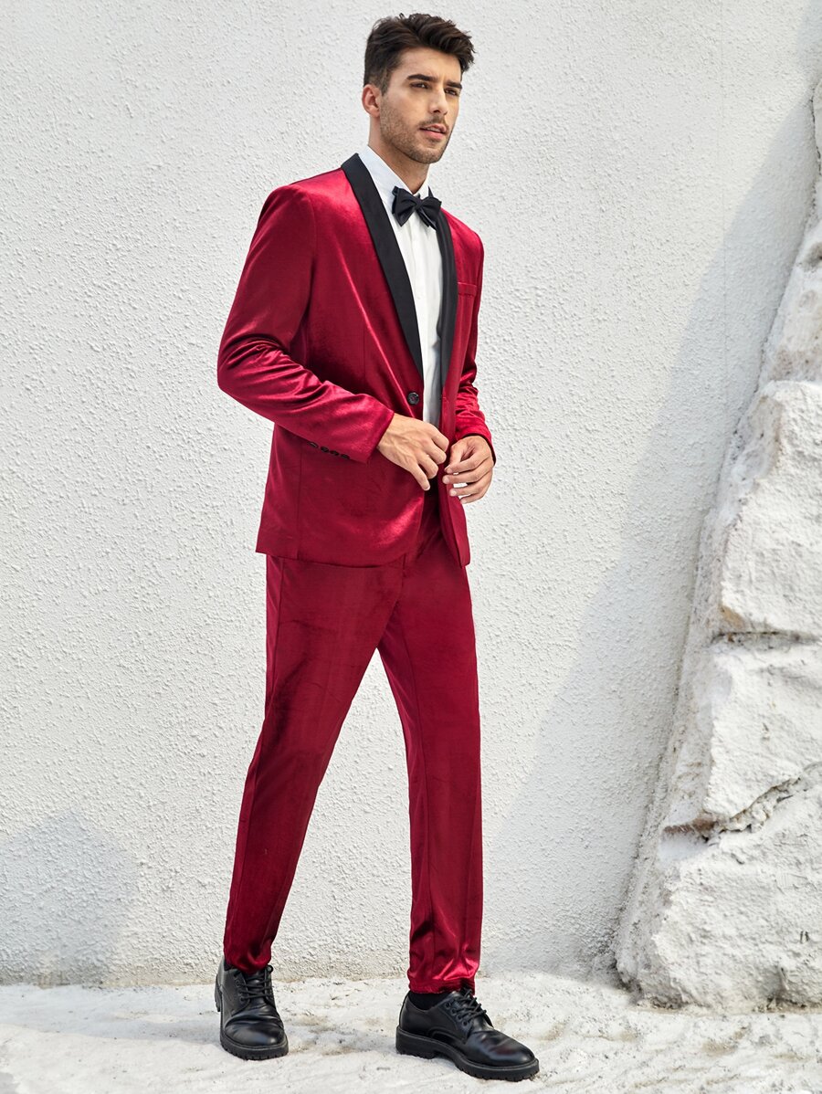 GENTILAND Men Contrast Shawl Collar Velvet Blazer & Trousers Set - Burgundy - View 1