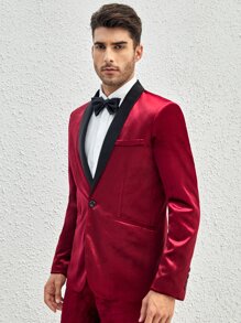 GENTILAND Men Contrast Shawl Collar Velvet Blazer & Trousers Set - Burgundy - View 3