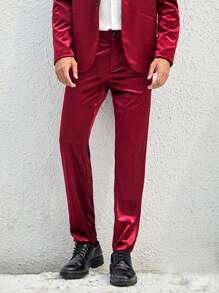 GENTILAND Men Contrast Shawl Collar Velvet Blazer & Trousers Set - Burgundy - View 4