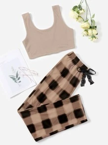 Conjunto de pijama de cuadros con lazo delantero - Multicolor - Ver 1