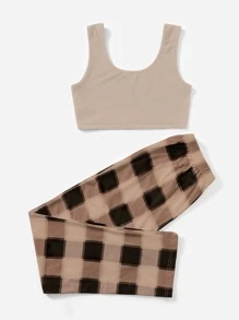 Conjunto de pijama de cuadros con lazo delantero - Multicolor - Ver 2