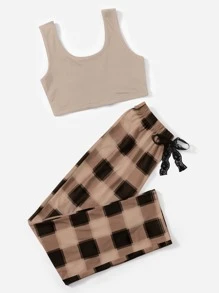 Conjunto de pijama de cuadros con lazo delantero - Multicolor - Ver 4