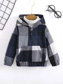 SHEIN Toddler Boys Plaid Print Half Button Kangaroo Pocket Hoodie Without Jumper - Blue and White - View 1