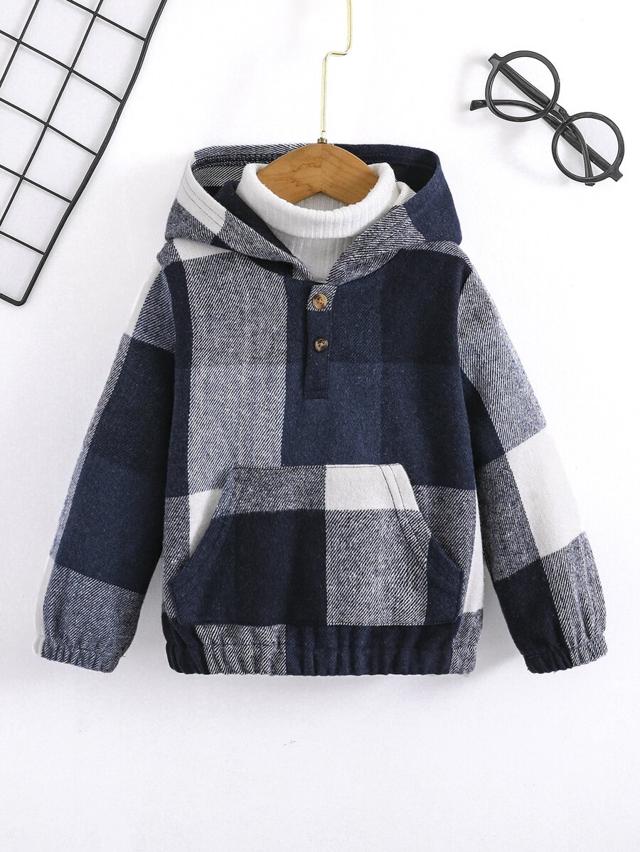 SHEIN Toddler Boys Plaid Print Half Button Kangaroo Pocket Hoodie Without Jumper - Blue and White - View 1