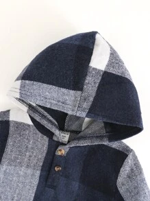 SHEIN Toddler Boys Plaid Print Half Button Kangaroo Pocket Hoodie Without Jumper - Blue and White - View 3