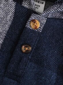 SHEIN Toddler Boys Plaid Print Half Button Kangaroo Pocket Hoodie Without Jumper - Blue and White - View 4