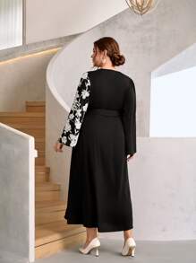 Modelyn Plus Floral Print Knot Side Wrap Dress - Black - View 2