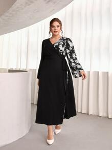 Modelyn Plus Floral Print Knot Side Wrap Dress - Black - View 5