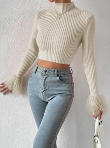 SHEIN Unity 高领毛边袖口短款针织套头衫 秋冬毛衣 - 米色 - 查看 6