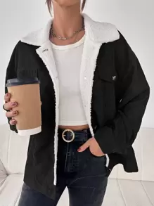 SHEIN Unity 翻蓋口袋落肩袖毛絨內襯夾克 - 黑色 - 查看 1