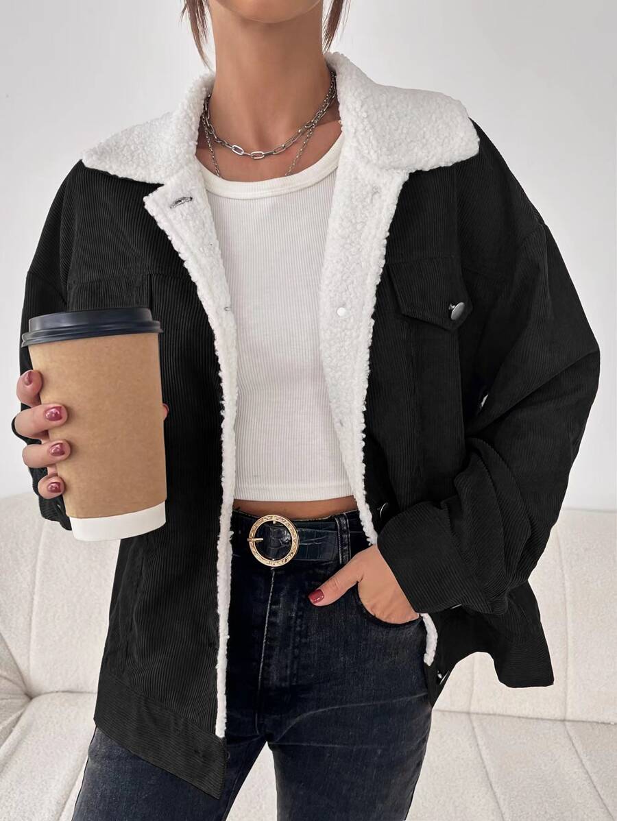 SHEIN Unity 翻蓋口袋落肩袖毛絨內襯夾克 - 黑色 - 查看 1