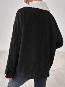 SHEIN Unity 翻蓋口袋落肩袖毛絨內襯夾克 - 黑色 - 查看 2